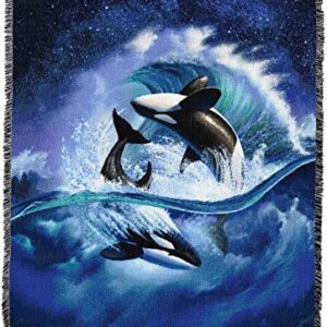 Pure Country Weavers JL Orca Wave Blanket by Jerry LoFaro - Ocean Whales Gift Tapestry Throw Woven from Cotton - Made in The USA (72x54)