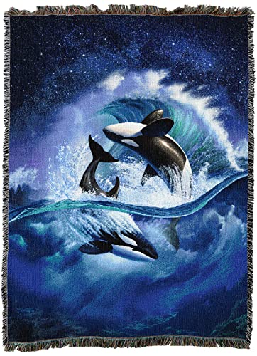 Pure Country Weavers JL Orca Wave Blanket by Jerry LoFaro - Ocean Whales Gift Tapestry Throw Woven from Cotton - Made in The USA (72x54)