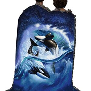 Pure Country Weavers JL Orca Wave Blanket by Jerry LoFaro - Ocean Whales Gift Tapestry Throw Woven from Cotton - Made in The USA (72x54)