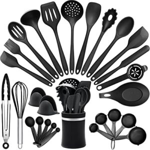 silicone cooking utensils set, 28pcs kitchen utensils set with holder, aikwi heat-resistant & non-stick silicone spatula, tongs,spoon for cooking, bpa free kitchen tools gift (black)