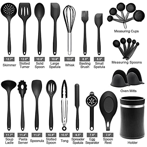 Silicone Cooking Utensils Set, 28PCS Kitchen Utensils Set with Holder, AIKWI Heat-Resistant & Non-stick Silicone Spatula, Tongs,Spoon for Cooking, BPA Free Kitchen Tools Gift (Black)