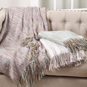 SARO LIFESTYLE Fringe Hem Faux Mohair Lightweight Throw Blanket, Aqua, 50"x60"