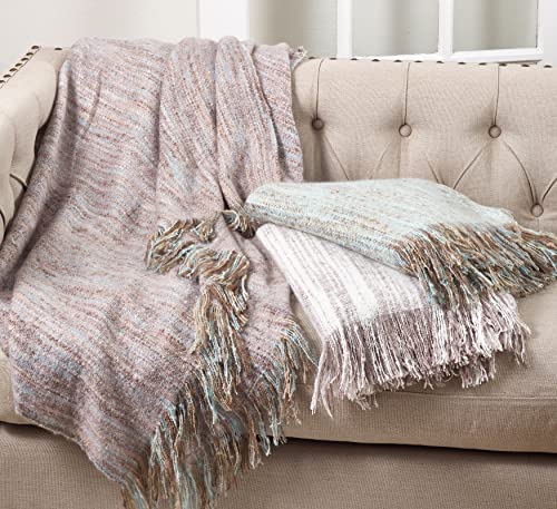 SARO LIFESTYLE Fringe Hem Faux Mohair Lightweight Throw Blanket, Aqua, 50"x60"