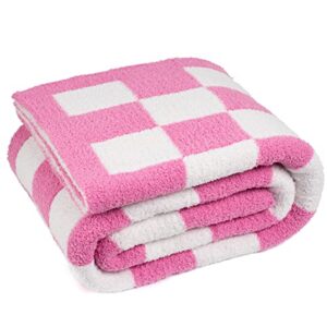 carriediosa checkered throw blanket super soft luxurious microfiber fluffy checkerboard grid plaid knit blankets reversible cozy throws for couch bed sofa, 50" x 60" hot pink and white check