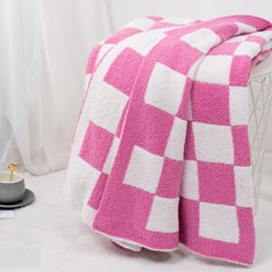 Carriediosa Checkered Throw Blanket Super Soft Luxurious Microfiber Fluffy Checkerboard Grid Plaid Knit Blankets Reversible Cozy Throws for Couch Bed Sofa, 50" X 60" Hot Pink and White Check