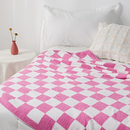 Carriediosa Checkered Throw Blanket Super Soft Luxurious Microfiber Fluffy Checkerboard Grid Plaid Knit Blankets Reversible Cozy Throws for Couch Bed Sofa, 50" X 60" Hot Pink and White Check