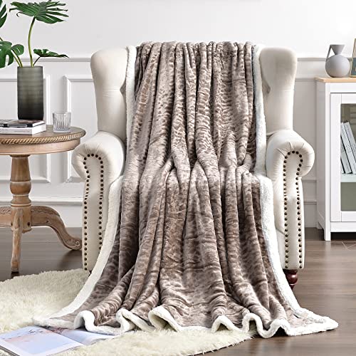 FY FIBER HOUSE Sherpa Fleece Plush Throw Blanket Super Warm Soft Cozy Fuzzy Microfiber for Couch Bed with Cobblestone Print, 50"X60", Taupe