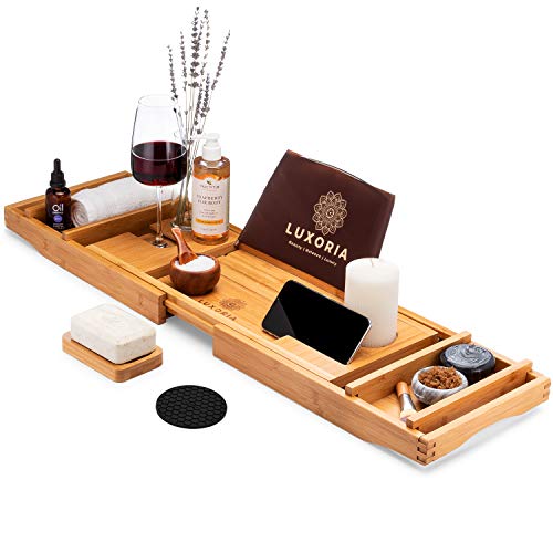 LUXORIA Expandable Bathtub Tray | Water Resistant Bamboo with Bath Accessories | Non-Slip, Luxury Bathroom Caddy Organizer for Tub with Glass Dish Phone Holder | Plus Free Soap Holder