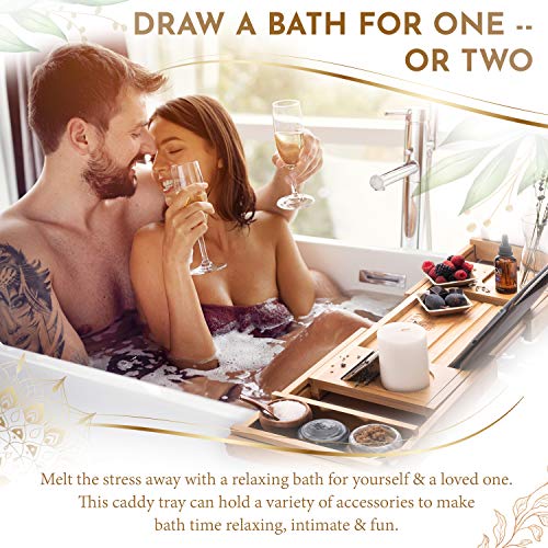 LUXORIA Expandable Bathtub Tray | Water Resistant Bamboo with Bath Accessories | Non-Slip, Luxury Bathroom Caddy Organizer for Tub with Glass Dish Phone Holder | Plus Free Soap Holder