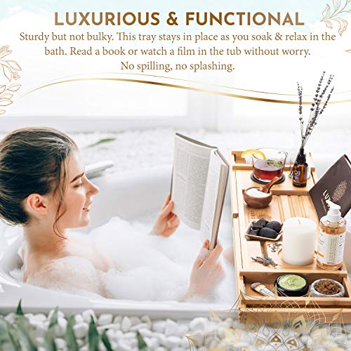 LUXORIA Expandable Bathtub Tray | Water Resistant Bamboo with Bath Accessories | Non-Slip, Luxury Bathroom Caddy Organizer for Tub with Glass Dish Phone Holder | Plus Free Soap Holder
