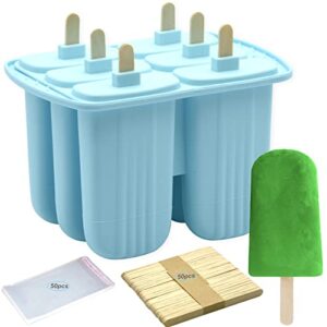 bangp popsicle molds 6 pieces,silicone ice pop molds bpa free,homemade popsicle maker,reusable easy release ice pop maker for kids,with 50 popsicle sticks and 50 popsicle bags(blue)