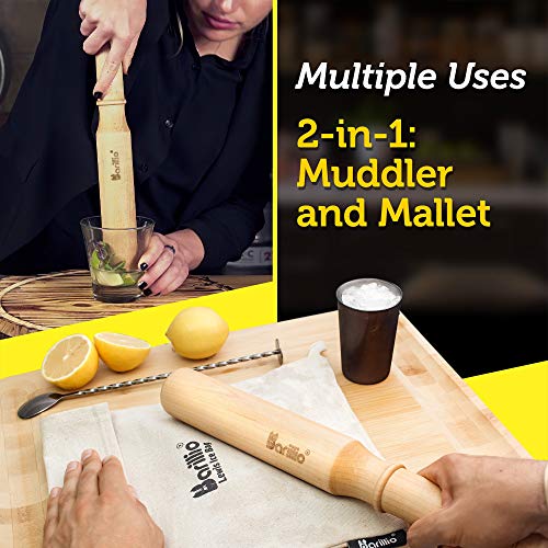 Big-Shot 13.75" Hard Maple Muddler Mallet & Lewis Ice Bag Kit by BARILLIO | Wooden Mojito Muddler Bar Tool Ice Crusher & Canvas Bag Set | Make Cocktails Drinks and Crushed Ice with Ease