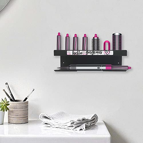 Storage Holder for Dyson Airwrap, Modern Curling Iron Accessories Rack Wall Mount, Metal Hair Wrap Styler Tools Holder with Hello Gorgeous Sign, Bathroom Organizer, Black