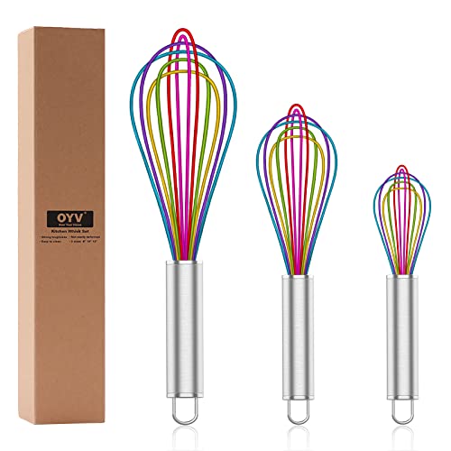 OYV Silicone Whisk,Professional Whisks For Cooking Non Scratch,Stainless Steel & Silicone Wisk,Plastic Rubber Whisk Tool For Nonstick Cookware,Silicon Wisks Set of 3,Rainbow,for Blending,Colorful.