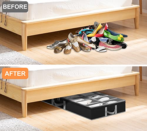 punemi Under Bed Shoe Storage Organizer, 2Pcs Fits 24 Pairs Sturdy Structure Underbed Shoes Organizer With Bottom Support & Adjustable Feature, Shoe Solution With Clear Cover & 2 Reinforced Handles