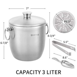 Ice Bucket with Lid, Scoop, Tongs and Strainer - Well Made Insulated Stainless Steel Keep Ice Frozen Longer - Ideal for Cocktail Bar, Parties, Chilling Wine, Champagne - 3 Liter (Stainless Steel)