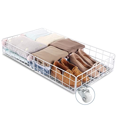 Queen Size Under Bed Storage Cart with Wheels, 30.5*17.7*6.5in Large Capacity Under-bed Shoe Storage Organizer, Rolling Under Bed Drawers for Clothes, Shoes, Bedding, Blankets, White(1 Pack)