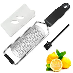 cheese grater and lemon zester, ginger garlic grater with wide stainless steel blade, kitchen tools and gadgets for chocolate, vegetables, orange, citrus, with protective cover and cleaning