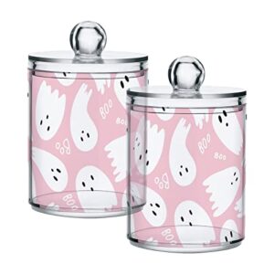clear plastic jar set for cotton ball, cotton swab, cotton round pads, floss, pink cute halloween ghost bathroom canisters storage organizer, vanity makeup organizer,2pack