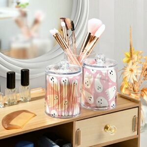 Clear Plastic Jar Set for Cotton Ball, Cotton Swab, Cotton Round Pads, Floss, Pink Cute Halloween Ghost Bathroom Canisters Storage Organizer, Vanity Makeup Organizer,2Pack