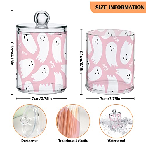 Clear Plastic Jar Set for Cotton Ball, Cotton Swab, Cotton Round Pads, Floss, Pink Cute Halloween Ghost Bathroom Canisters Storage Organizer, Vanity Makeup Organizer,2Pack