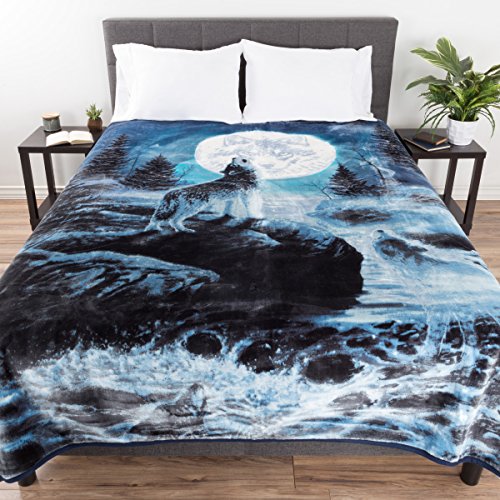 Lavish Home Heavy Fleece Blanket with Howling Wolf Pattern- Plush Thick 8 Pound Faux Mink Soft Blanket for Couch Sofa Bed (74” x 91”)