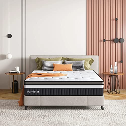 Famistar 13'' King Size Memory Foam Mattress Hybrid Innerspring Mattress in a Box, Silent Independent Pocket Spring System, Super Elasticity for Pressure Relief & Sleep Supportive