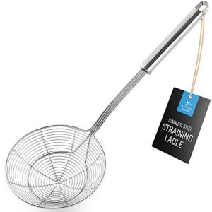 zulay kitchen 15.4 inch stainless steel strainer - spiral wire mesh skimmer spoon ladle with long handle - reinforced double coil slotted spoons for cooking and frying