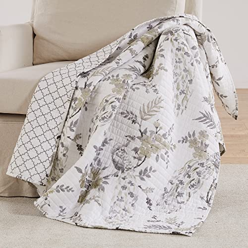 Levtex Home - Pisa - Throw - Floral Contemporary Peacock - Grey and Taupe - Quilt (50x60in.) - Cotton/Cotton