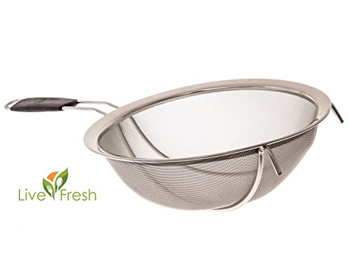 LiveFresh Large Stainless Steel Fine Mesh Strainer with Reinforced Frame and Sturdy Rubber Handle Grip - Designed for Chefs and Commercial Kitchens & Perfect for Your Home - 9 Inch / 23 cm Diameter