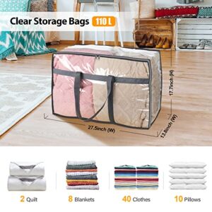 Fixwal 4pcs 110l Extra Large Storage Bags, Clear Plastic Zippered Storage Bags for Comforters, Clothes, Blankets with Reinforced Handles, Oversized Storage Totes for Packing Moving Supplies