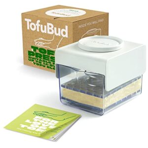tofubud tofu press - tofu presser for firm or extra firm tofu - tofu maker with water drainer made from durable sustainable materials - tofu recipe book included