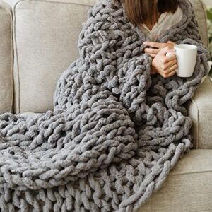 houseables chunky knit blanket, crochet throw, big yarn blankets, 50x60 inch, grey, soft, large, chenille, thick hand knitted cable throws, braided, knotted, woven, handmade knot for couch, bed
