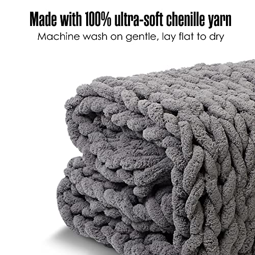 Houseables Chunky Knit Blanket, Crochet Throw, Big Yarn Blankets, 50x60 Inch, Grey, Soft, Large, Chenille, Thick Hand Knitted Cable Throws, Braided, Knotted, Woven, Handmade Knot for Couch, Bed