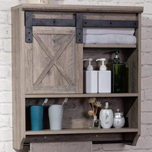 alimorden wood wall storage cabinet with sliding barn door, decorative farmhouse vintage cabinet with towel bar