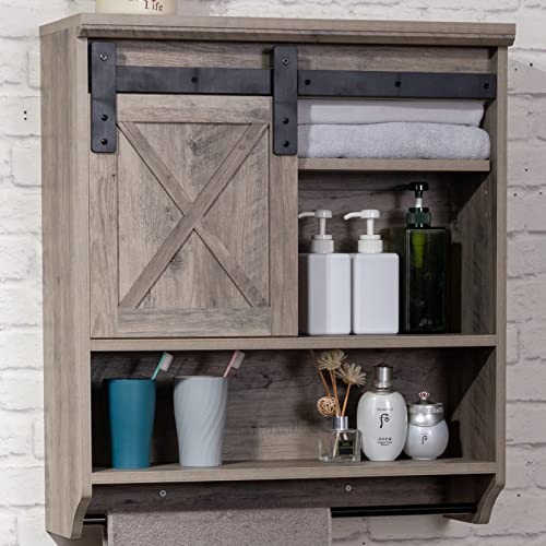 ALIMORDEN Wood Wall Storage Cabinet with Sliding Barn Door, Decorative Farmhouse Vintage Cabinet with Towel Bar