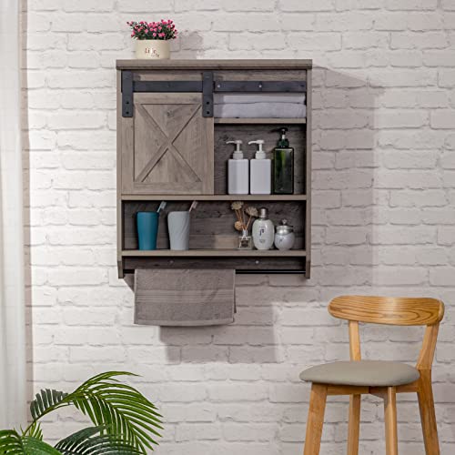 ALIMORDEN Wood Wall Storage Cabinet with Sliding Barn Door, Decorative Farmhouse Vintage Cabinet with Towel Bar