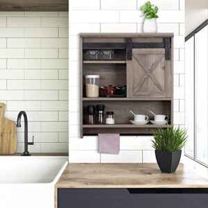 ALIMORDEN Wood Wall Storage Cabinet with Sliding Barn Door, Decorative Farmhouse Vintage Cabinet with Towel Bar