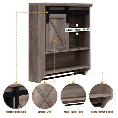 ALIMORDEN Wood Wall Storage Cabinet with Sliding Barn Door, Decorative Farmhouse Vintage Cabinet with Towel Bar