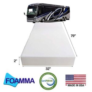 Foamma 2” x 32” x 79” Truck, Camper, RV High-Density Bunk Mattress Topper Foam Replacement, Made in USA, Comfortable, Travel Trailer, CertiPUR-US Certified, Cover Not Included