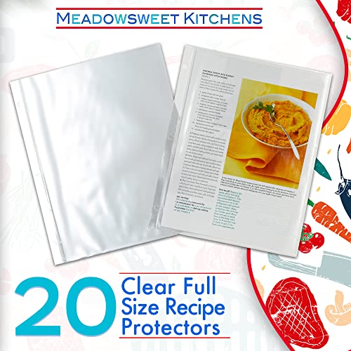 Meadowsweet Kitchens Full Size Clear Plastic Sheets Protector Pages for Recipe Organizer - 20 Clear Sheet Protectors for 3 Ring Binder, Plastic Sleeves for Paper Recipes, 8.5 x 11 Page, 3 Hole Punched