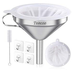 toncoo 5-inch premium stainless steel funnel with 200 mesh food filter strainer, food grade kitchen funnels for filling bottles, metal funnel with strainer, food funnel for kitchen