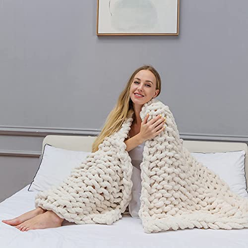 clootess Chunky Knit Blanket Chenille Throw - Warm Soft Cozy for Sofa Bed Boho Home Decor (Beige 40x40 in)