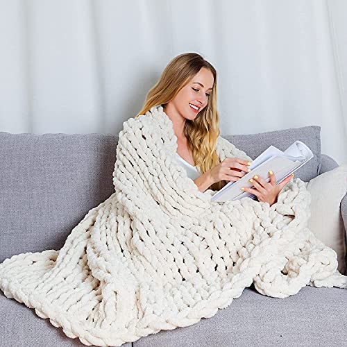 clootess Chunky Knit Blanket Chenille Throw - Warm Soft Cozy for Sofa Bed Boho Home Decor (Beige 40x40 in)