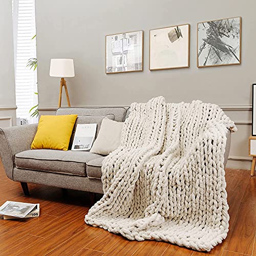 clootess Chunky Knit Blanket Chenille Throw - Warm Soft Cozy for Sofa Bed Boho Home Decor (Beige 40x40 in)