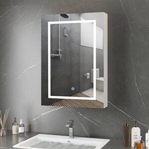 mepplzian bathroom medicine cabinet with mirror door surface wall mounted bathroom mirror with storage shelves & led strips with dimmer, 27.5" x 19.6"