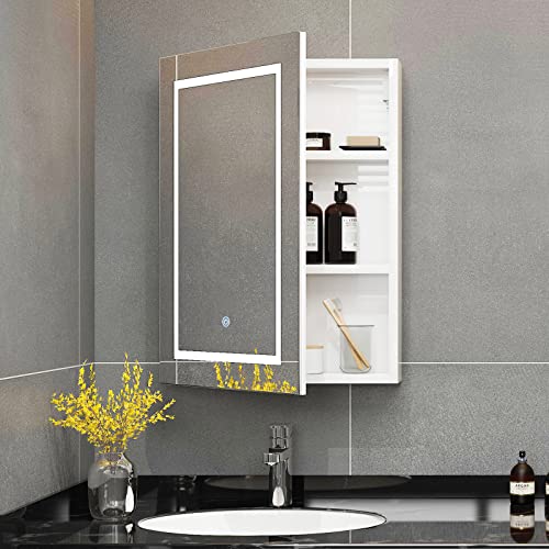 Mepplzian Bathroom Medicine Cabinet with Mirror Door Surface Wall Mounted Bathroom Mirror with Storage Shelves & Led Strips with Dimmer, 27.5" X 19.6"