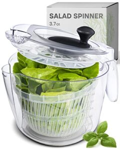 joined small salad spinner with rotary handle, measuring jug and colander - quick and easy multi-use lettuce spinner, vegetable dryer, fruit washer, pasta and fries spinner - 3.7 qt