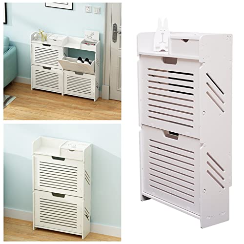 2 Tier Portable Shoe Storage Organzier Modern Shoe Cabinet Tipping White Shoe Cabinet, Shoe Rack Storage Organizer for Closet Hallway Bedroom Entryway