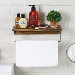 MyGift Wall Mounted Rustic Solid Burnt Wood Hand Towel Rack with Bathroom Accessories Storage Display Shelf